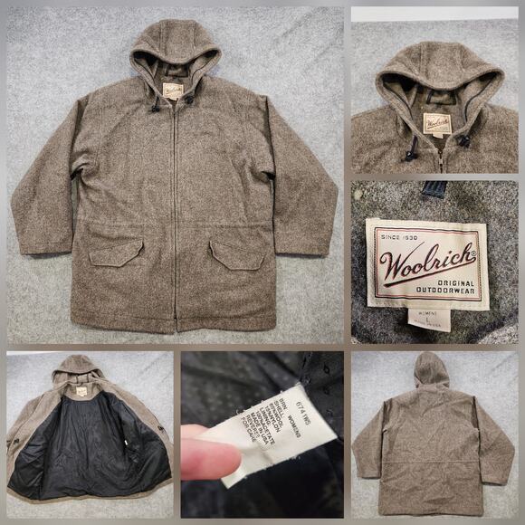 Vintage Woolrich Jacket Womens Large Brown Wool Blend Hooded Zip Parka Coat USA - Picture 1 of 16